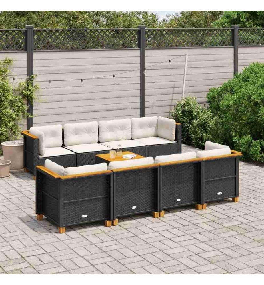 9-tlg. Garten-Sofagarnitur mit Kissen Schwarz Poly Rattan