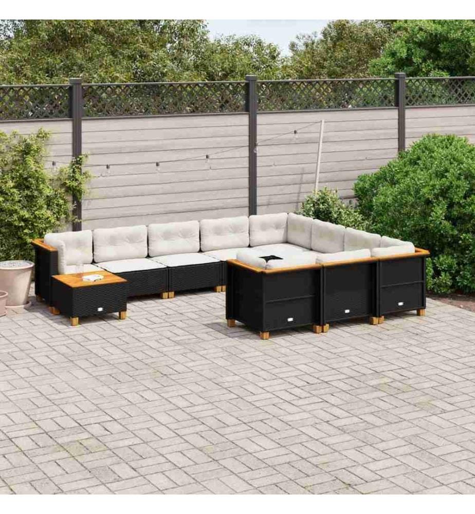 11-tlg. Garten-Sofagarnitur mit Kissen Schwarz Poly Rattan