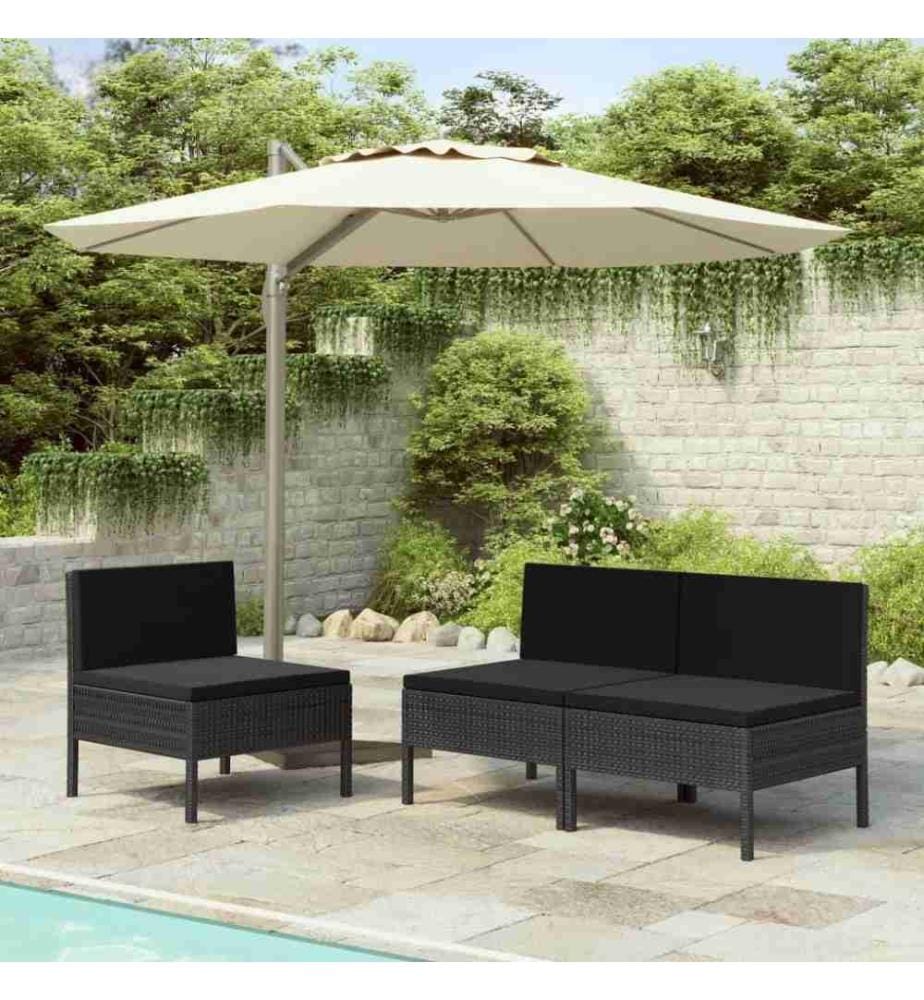 Chaises de jardin 3 pcs avec coussins Résine tressée Noir
