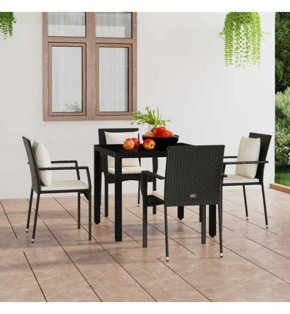 Chaises de jardin 4 pcs avec coussins Résine tressée Noir