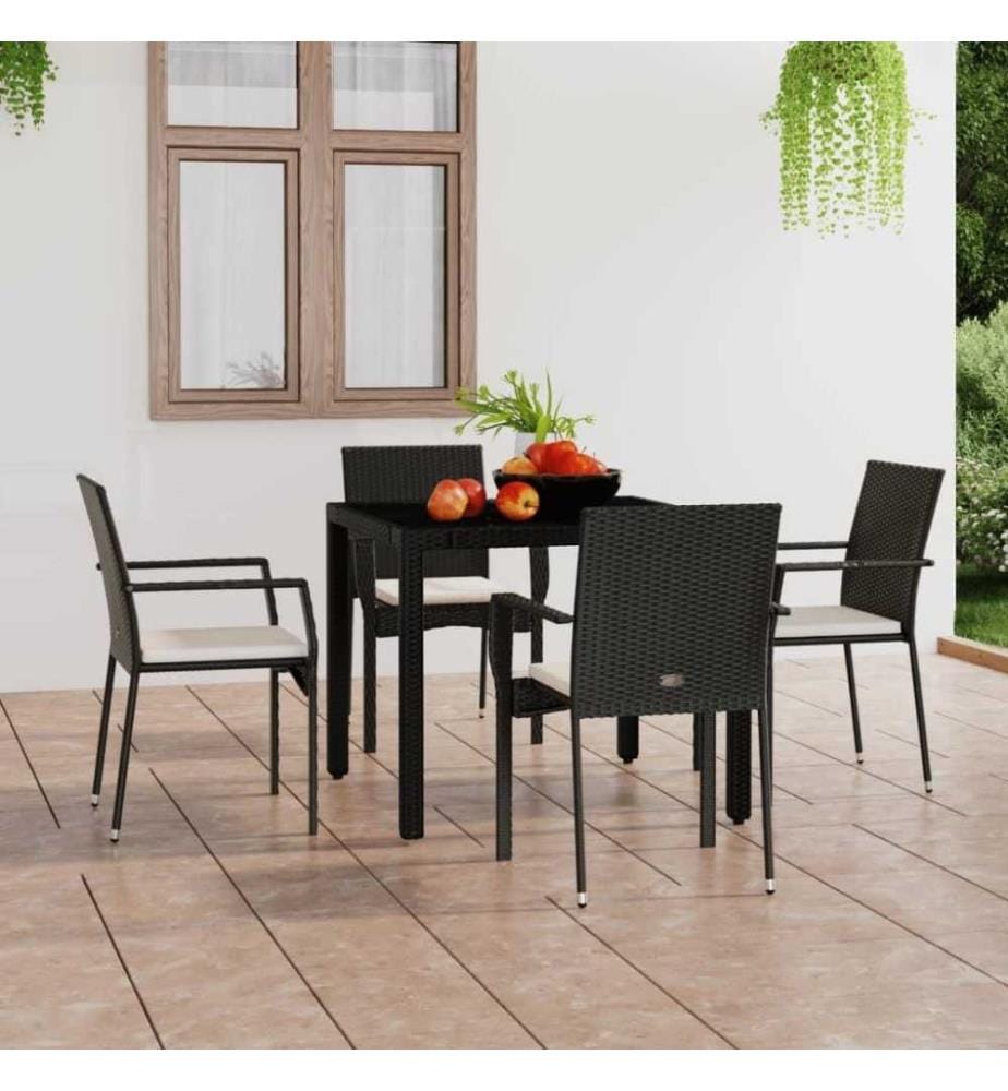 Chaises de jardin 4 pcs avec coussins Résine tressée Noir