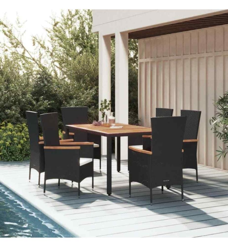 Ensemble à dîner de jardin et coussins 7pcs Noir Résine tressée