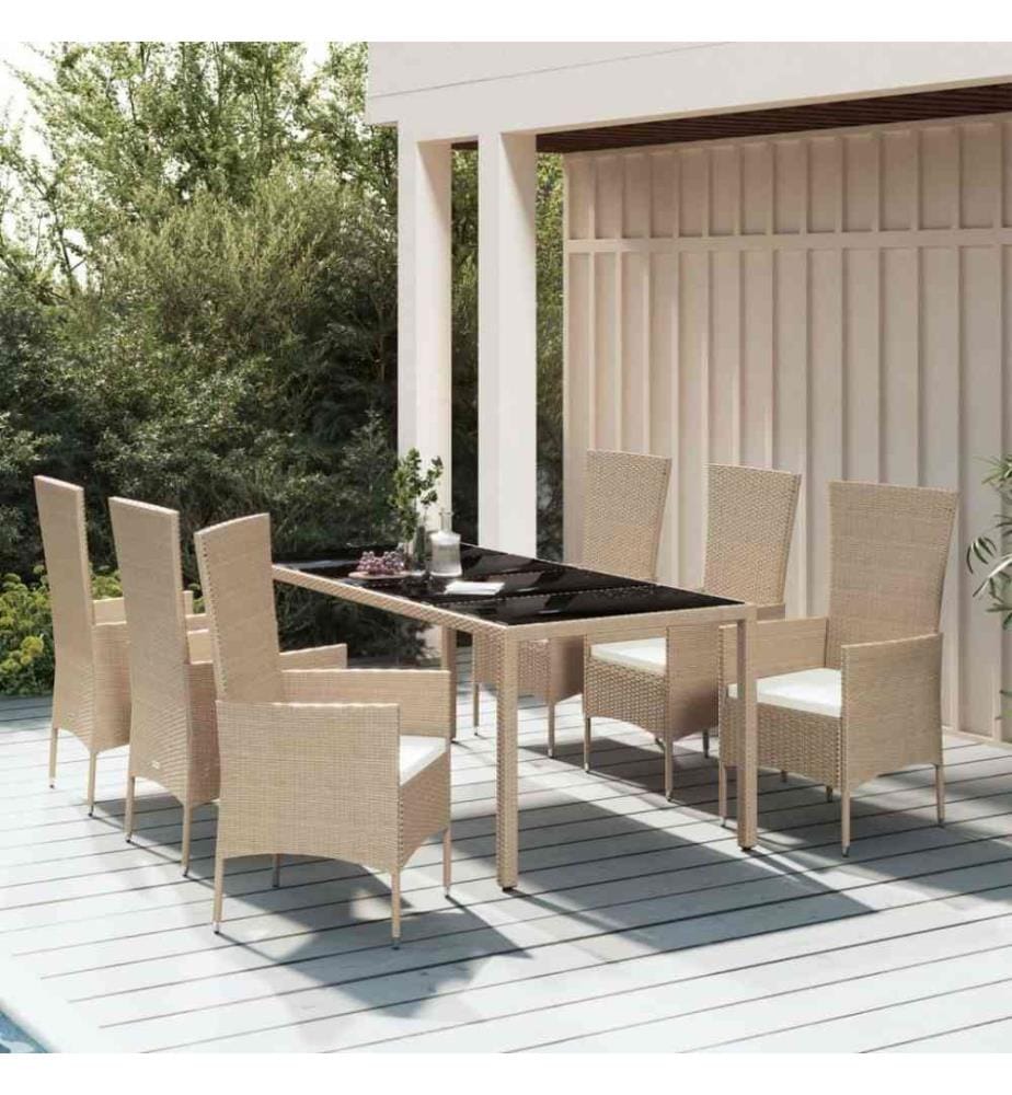 Ensemble à dîner de jardin avec coussins 7 pcs beige poly rotin
