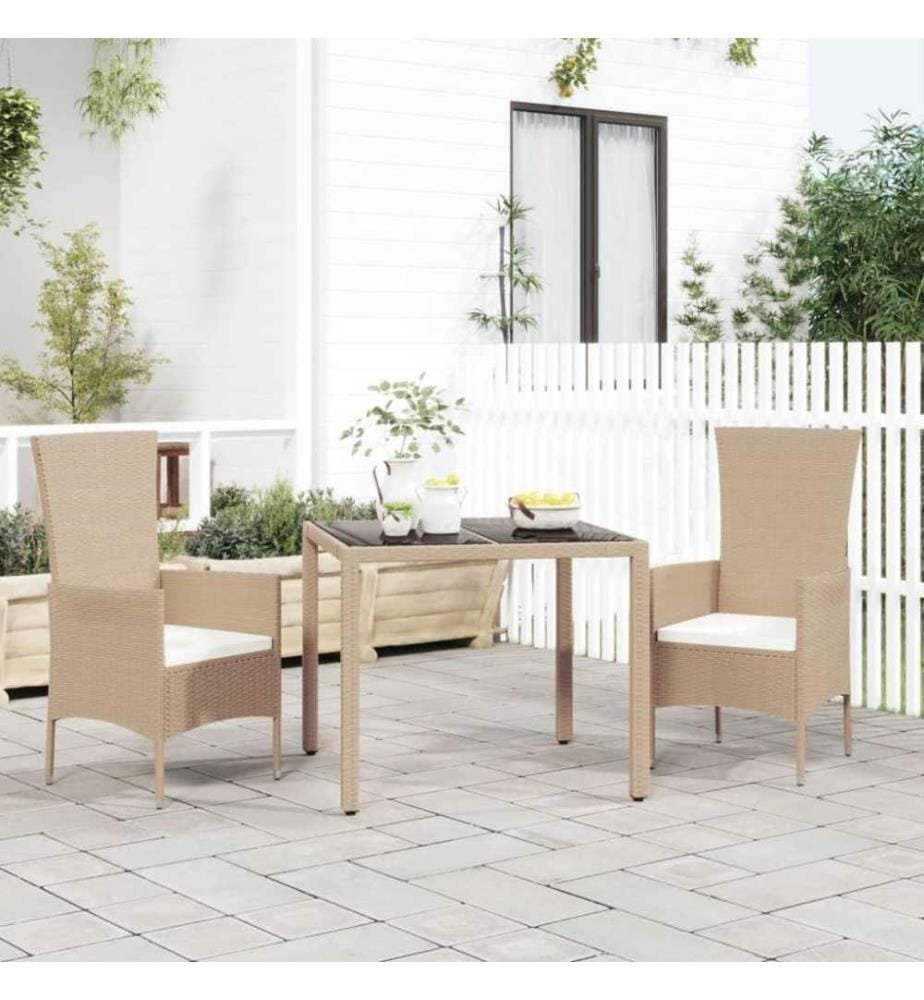 Ensemble à dîner de jardin avec coussins 3 pcs Beige poly rotin