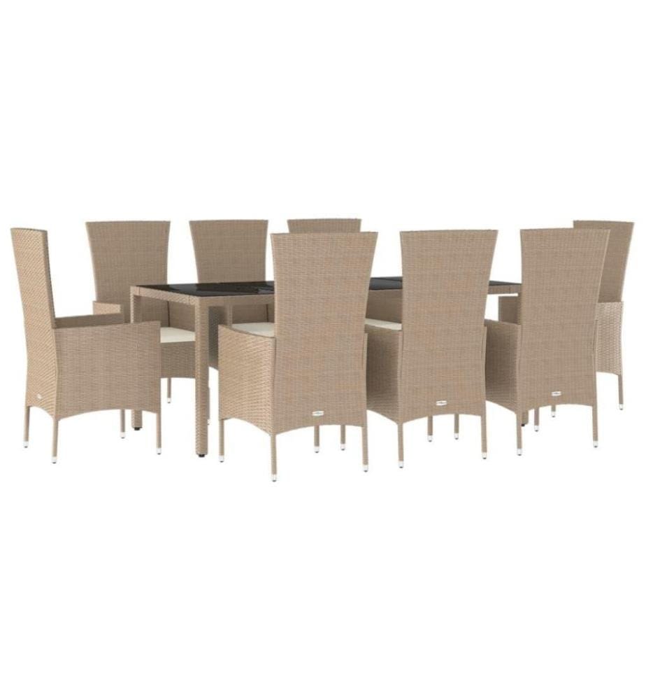 Meubles à dîner de jardin et coussins 9 pcs beige Poly rotin