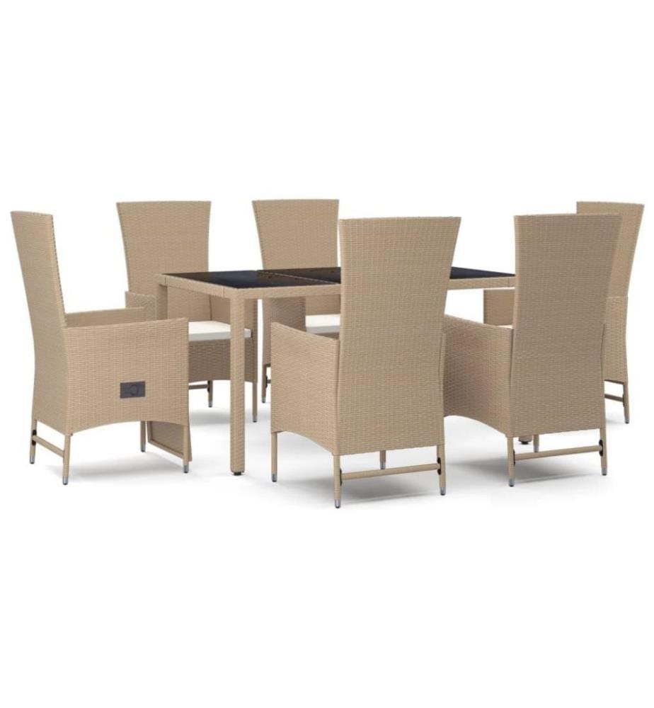 Ensemble à dîner de jardin avec coussins 7 pcs beige poly rotin