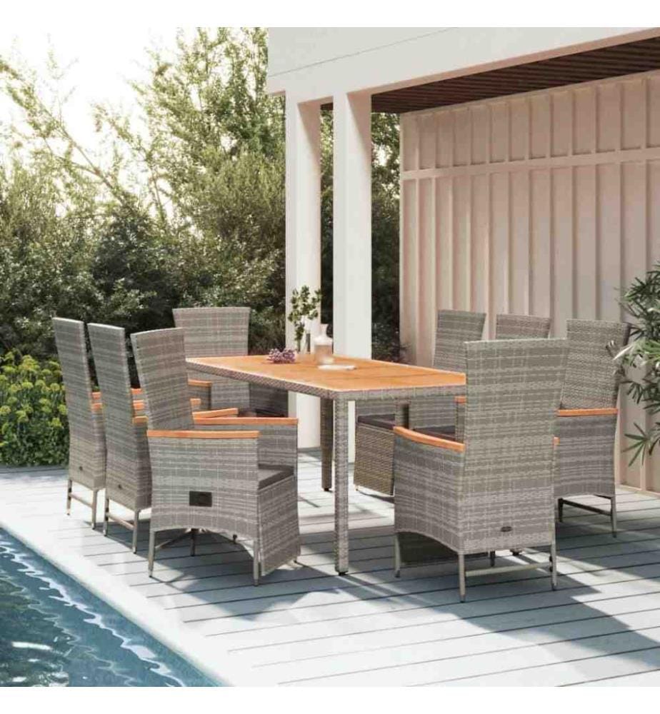9-tlg. Garten-Essgruppe mit Kissen Grau Poly Rattan