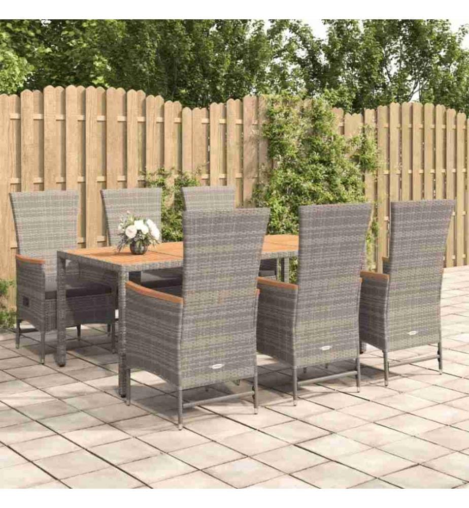 Mobilier à dîner de jardin et coussins 7 pcs gris rotin