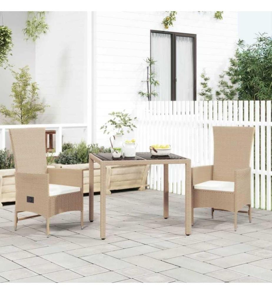 3-tlg. Garten-Essgruppe mit Kissen Beige Poly Rattan
