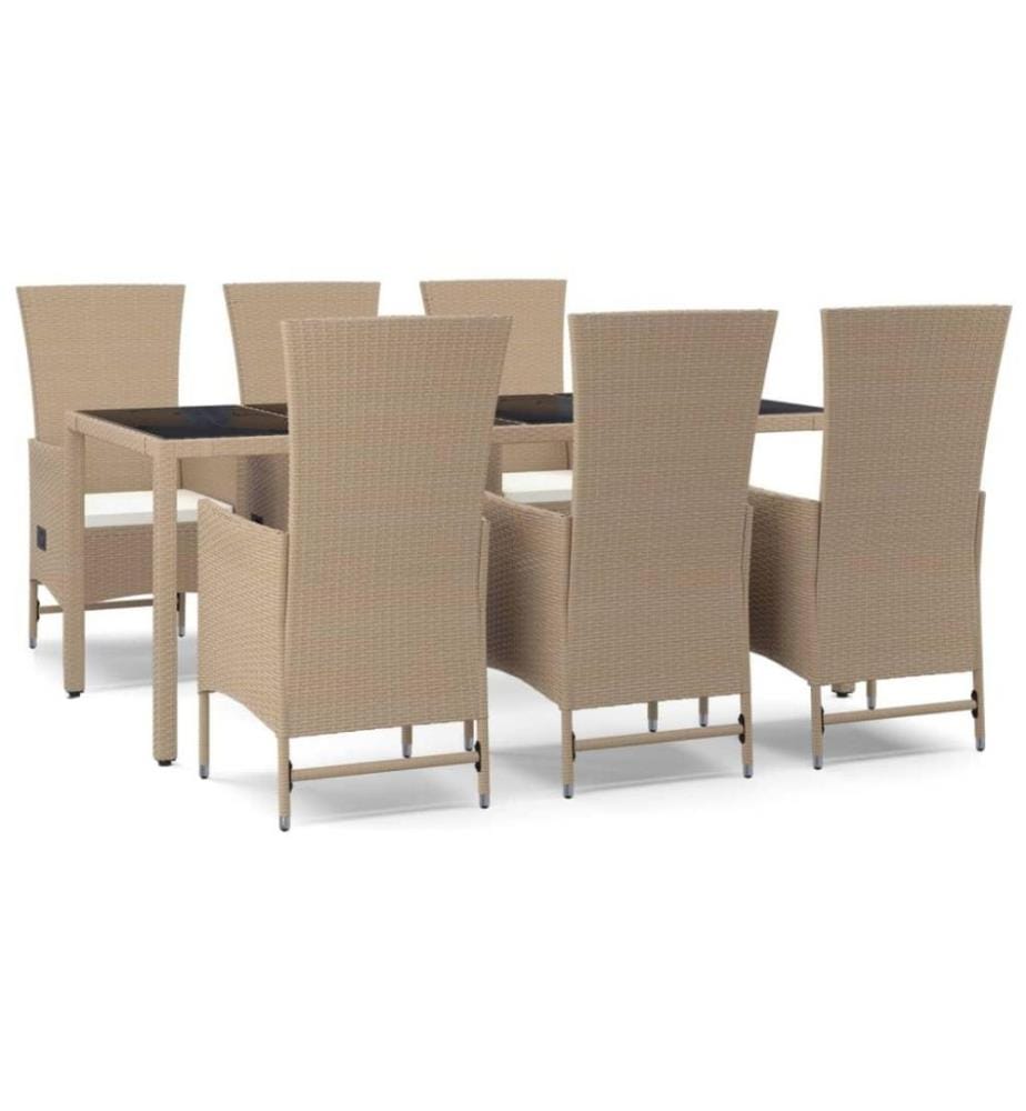 Ensemble à dîner de jardin avec coussins 7 pcs beige poly rotin
