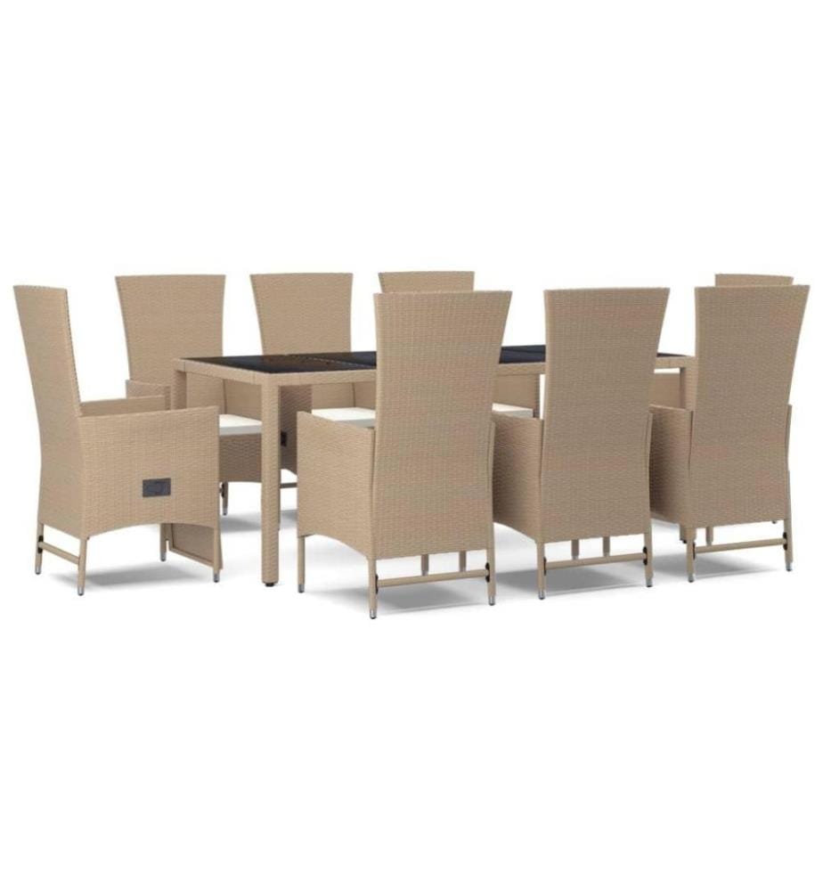 Meubles à dîner de jardin et coussins 9 pcs beige Poly rotin
