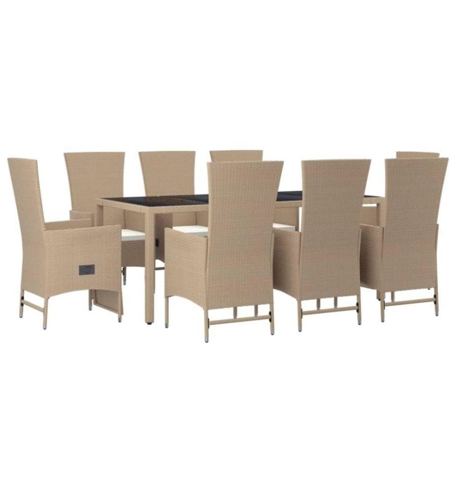 Meubles à dîner de jardin et coussins 9 pcs beige Poly rotin