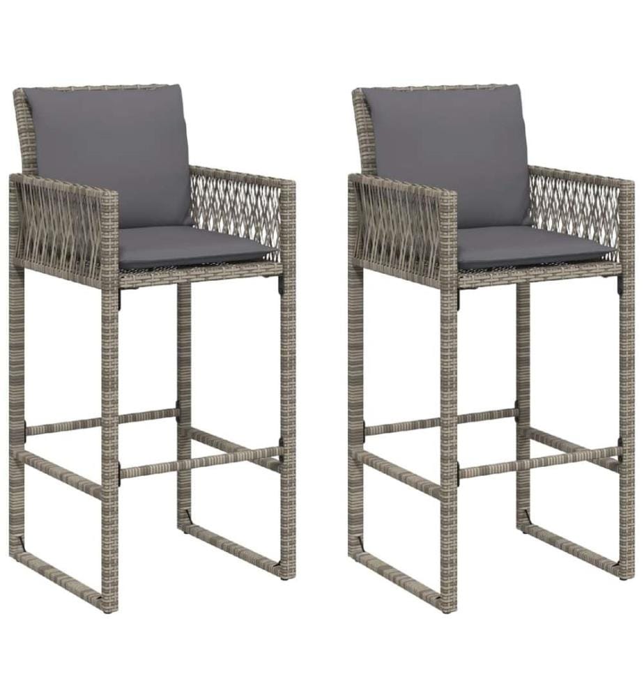 Garten-Barhocker mit Kissen 2 Stk. Grau Poly Rattan