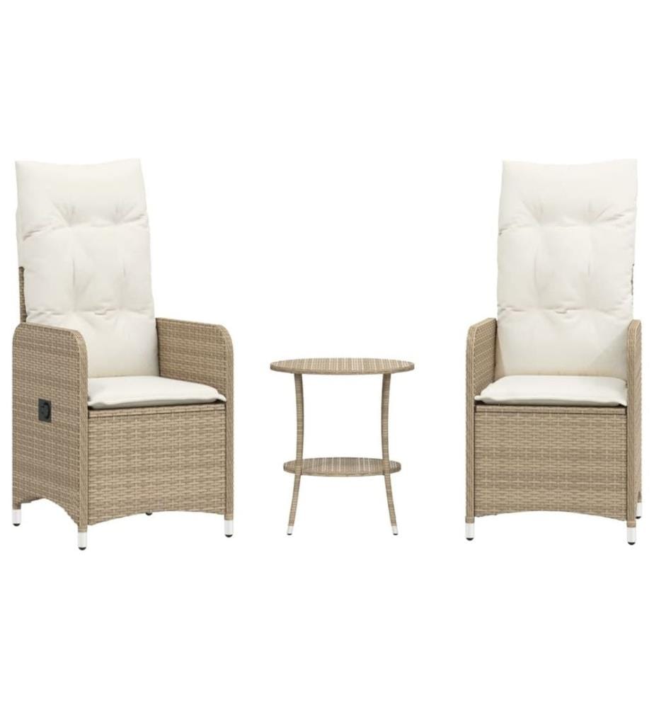 Gartensessel 2 Stk. Verstellbar mit Tisch Beige Poly Rattan