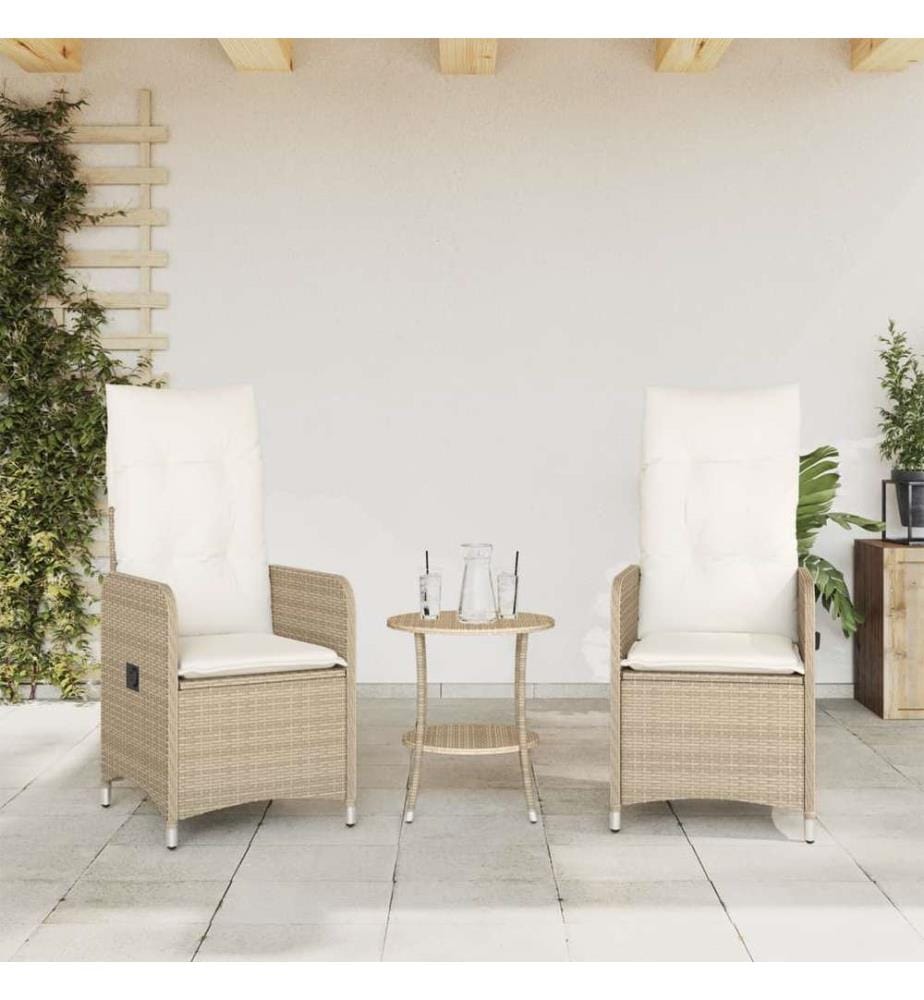 Gartensessel 2 Stk. Verstellbar mit Tisch Beige Poly Rattan