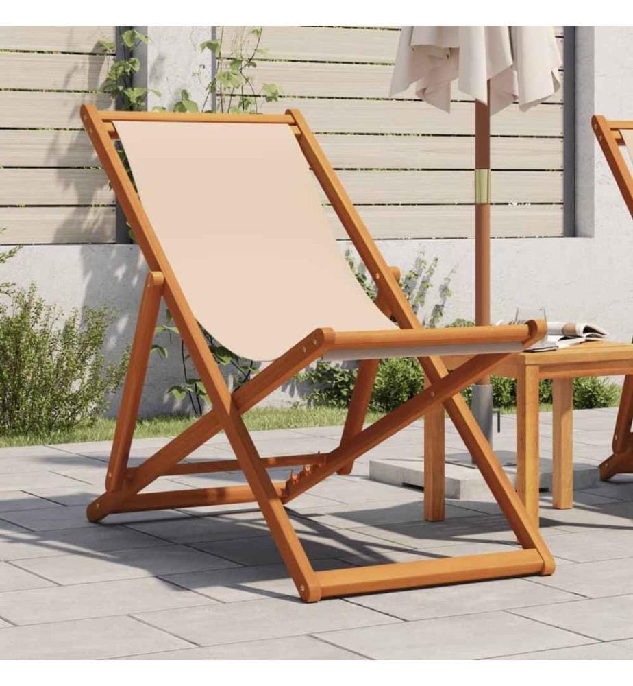 Strandstuhl Klappbar Beige Massivholz Eukalyptus und Stoff