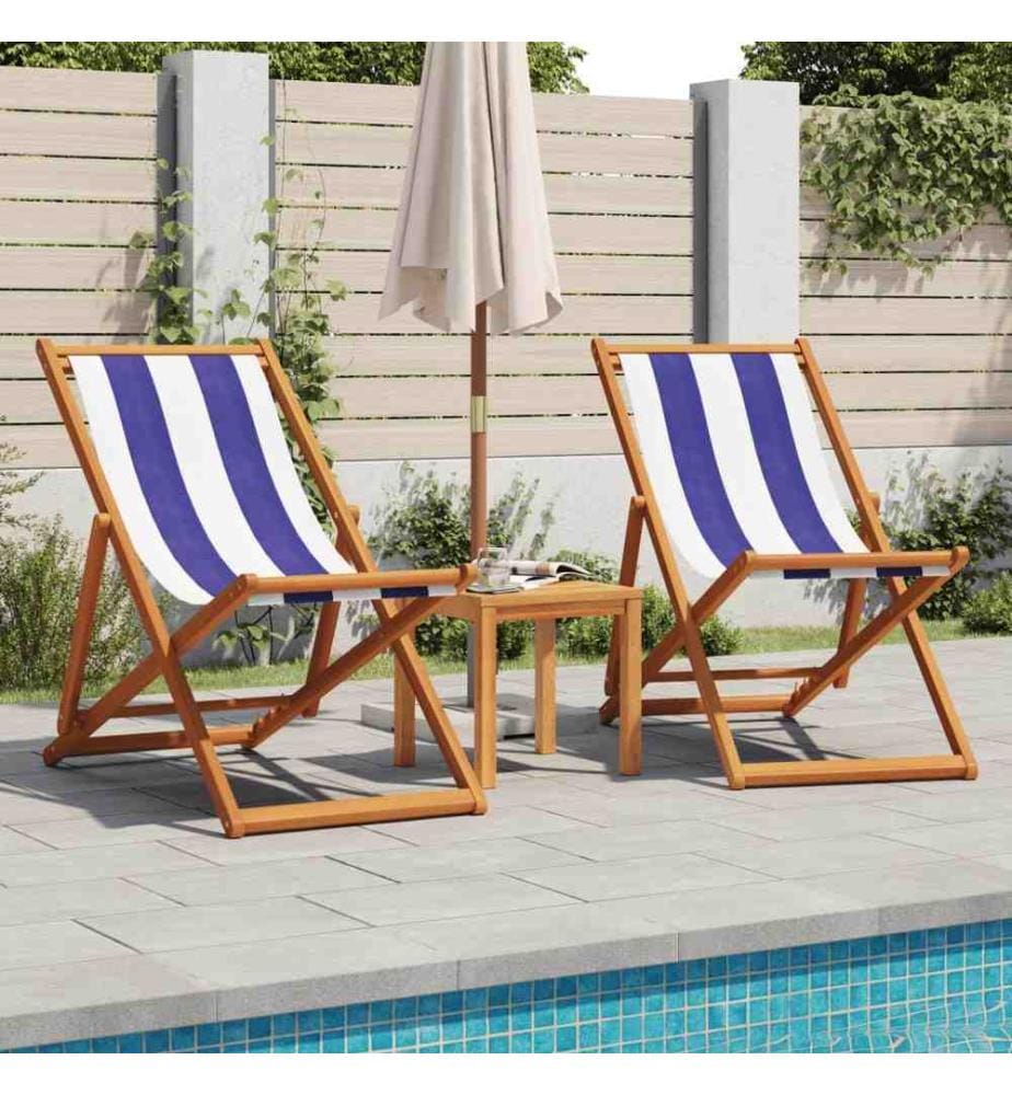 Chaise de plage pliable bleu et blanc bois d'eucalyptus/tissu