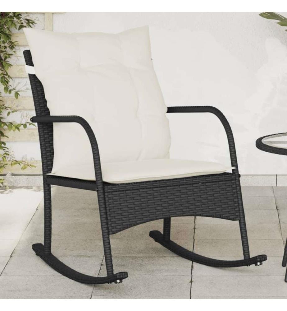 Chaise à bascule de jardin avec coussins noir résine tressée