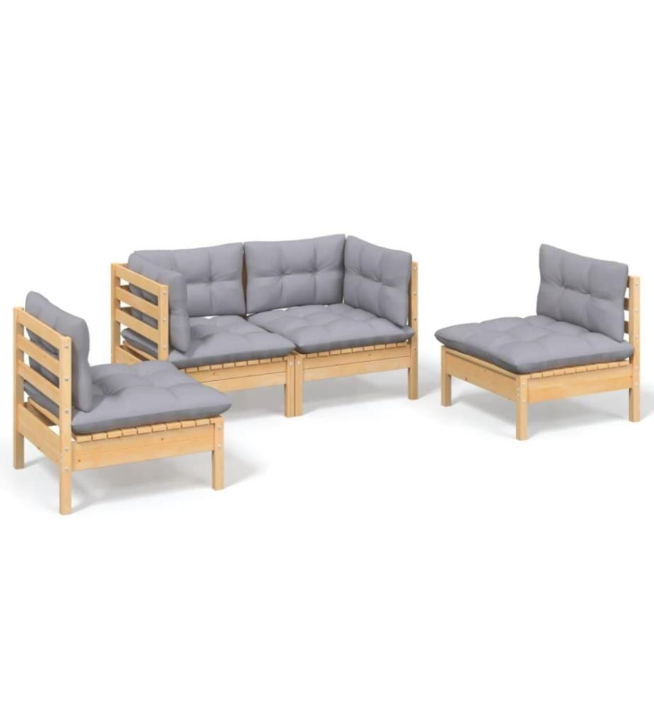 4-tlg. Garten-Lounge-Set mit Grauen Kissen Kiefer Massivholz