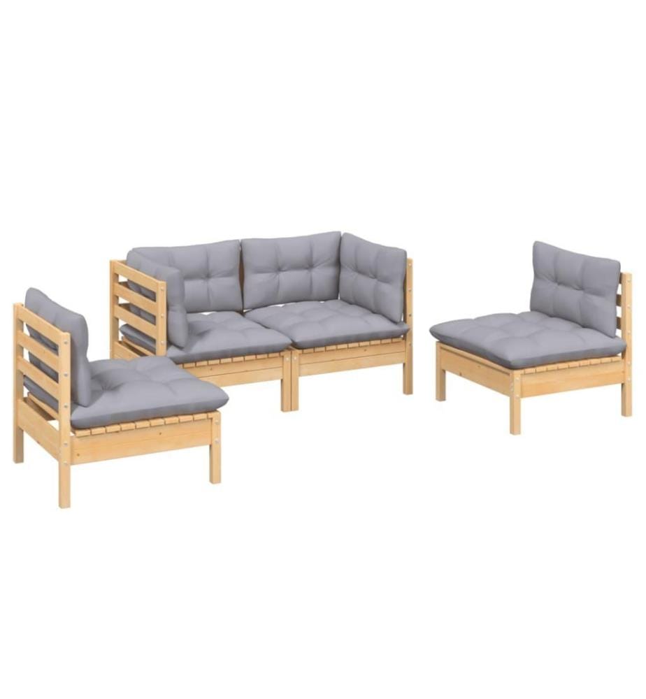 4-tlg. Garten-Lounge-Set mit Grauen Kissen Kiefer Massivholz