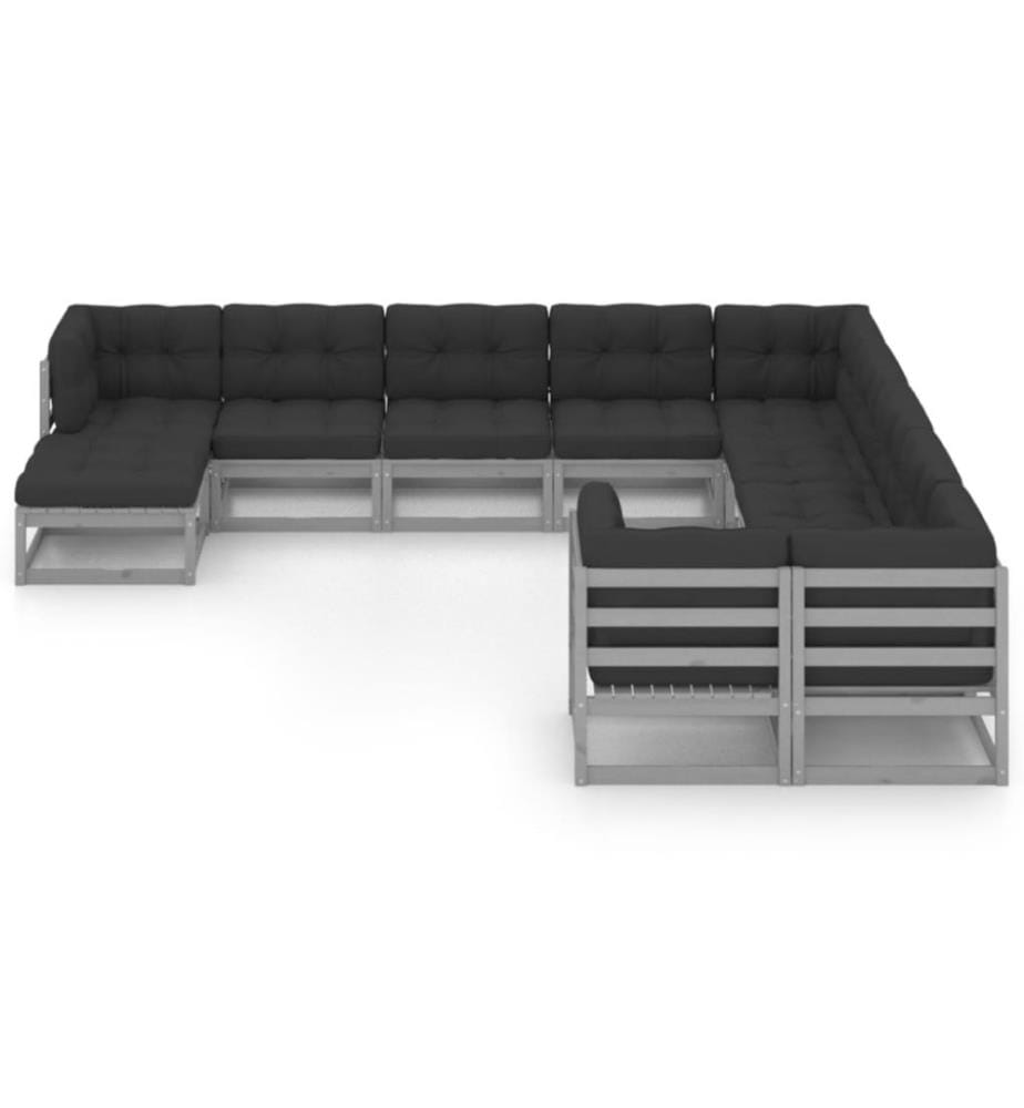 11-tlg. Garten-Lounge-Set mit Kissen Grau Kiefer Massivholz