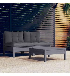 3-tlg. Garten-Lounge-Set mit Anthrazit Kissen Kiefernholz