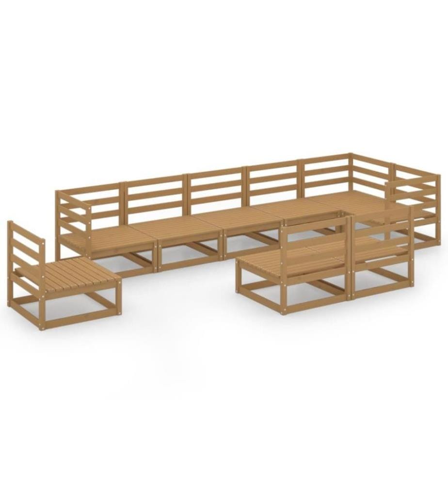 Salon de jardin 9 pcs Marron miel Bois de pin massif