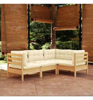 4-tlg. Garten-Lounge-Set mit Creme Kissen Kiefernholz