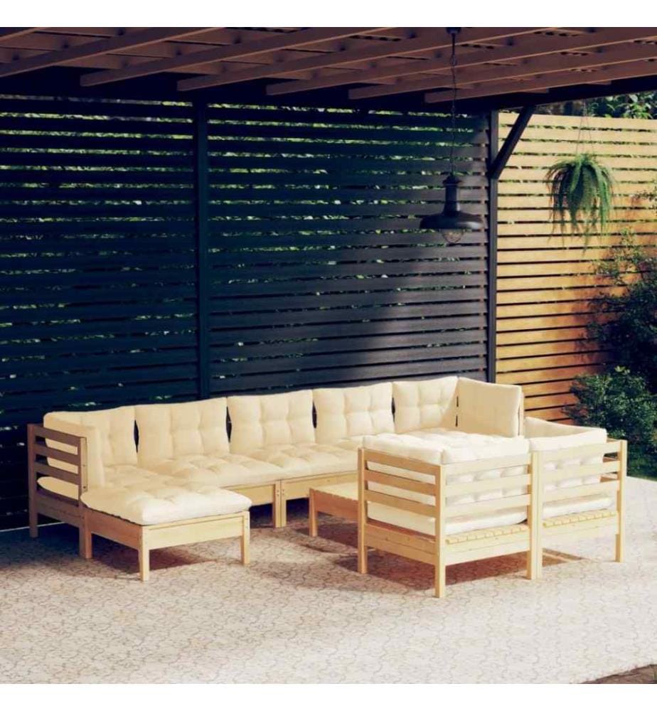 Salon de jardin 10 pcs avec coussins crème Bois de pin solide