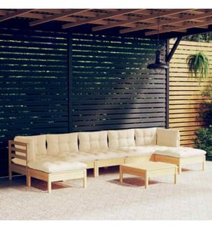 8-tlg. Garten-Lounge-Set mit Creme Kissen Kiefernholz