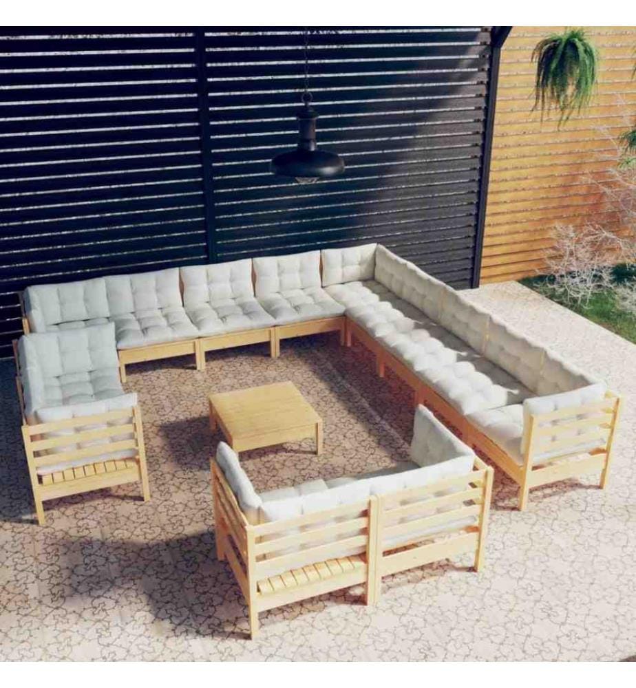 14-tlg. Garten-Lounge-Set mit Creme Kissen Massivholz Kiefer