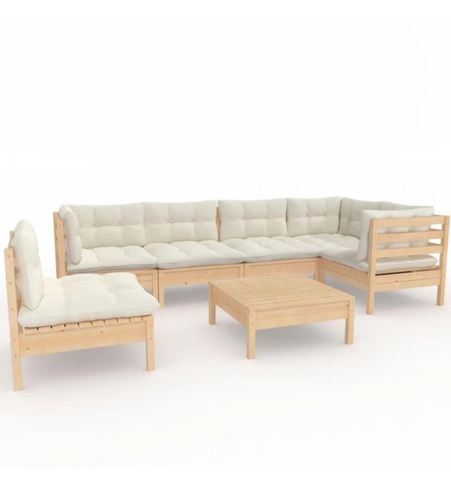 Salon de jardin 7 pcs avec coussins crème Bois de pin