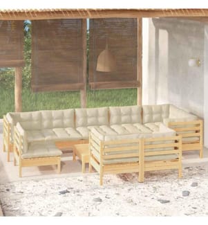 10-tlg. Garten-Lounge-Set mit Creme Kissen Massivholz Kiefer