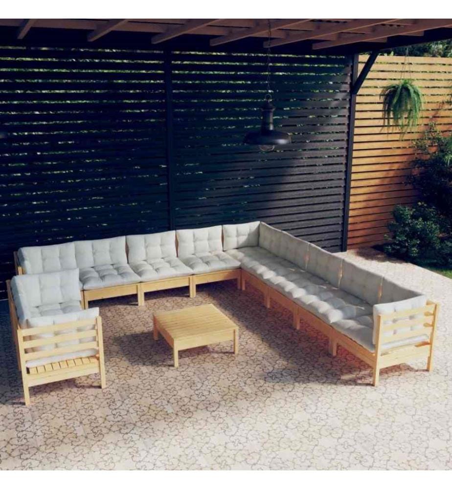 12-tlg. Garten-Lounge-Set mit Creme Kissen Massivholz Kiefer