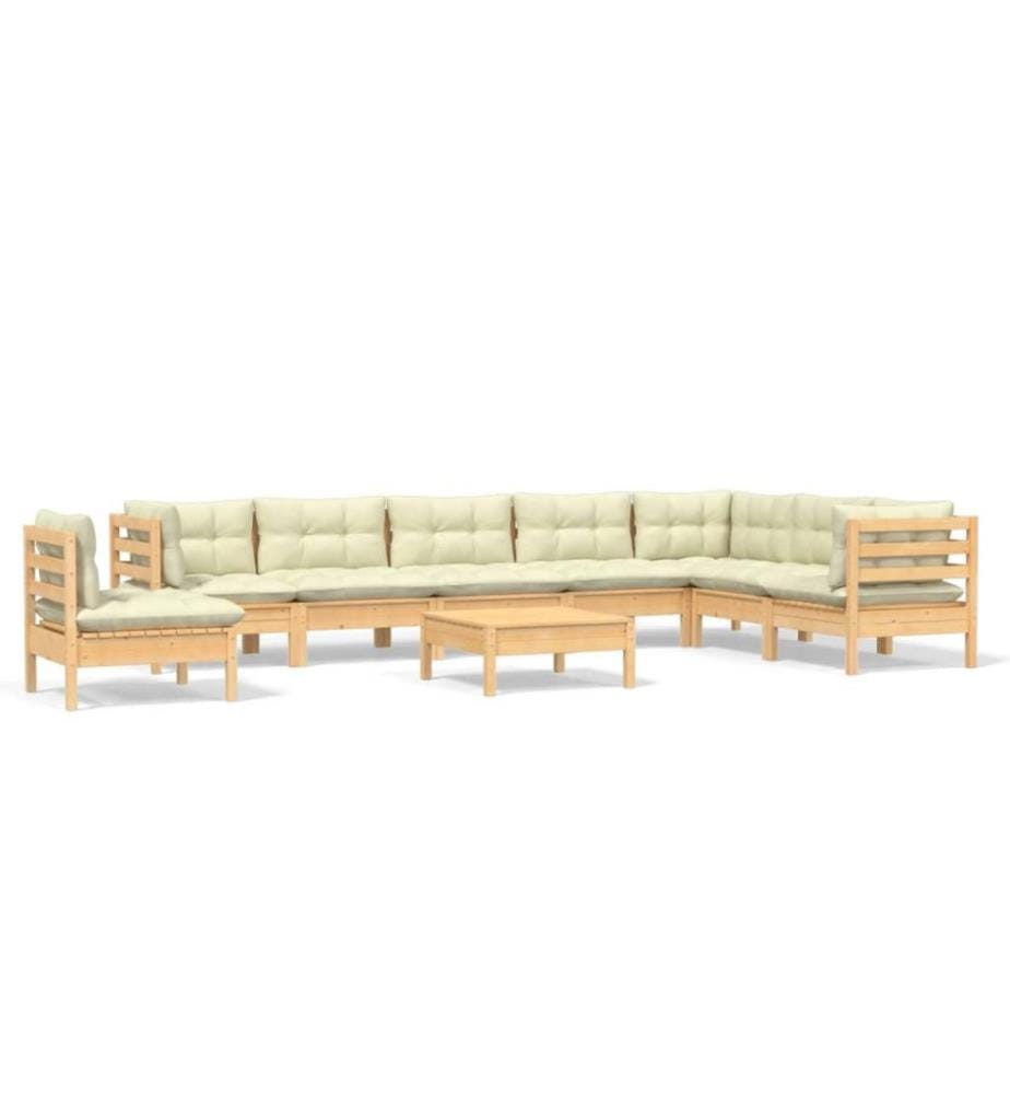 Salon de jardin 9 pcs avec coussins crème Bois de pin solide
