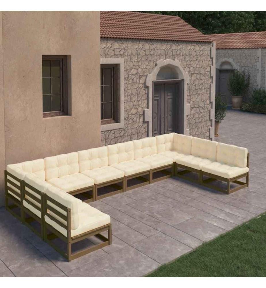 10-tlg. Garten-Lounge-Set Kissen Honigbraun Kiefer Massivholz