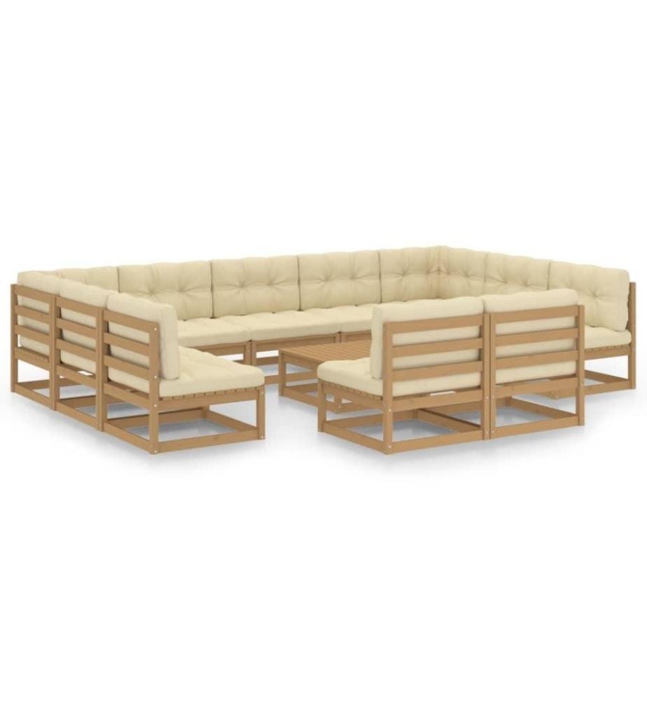 12-tlg. Garten-Lounge-Set Kissen Honigbraun Kiefer Massivholz