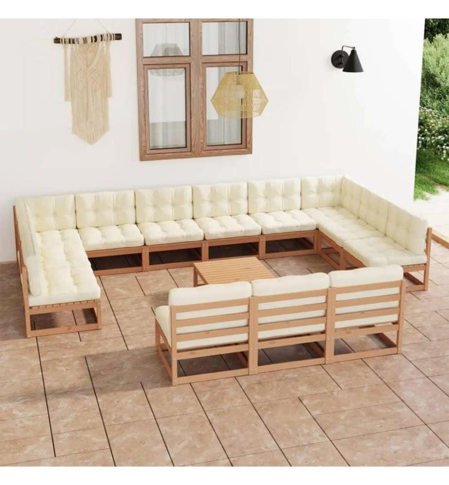 14-tlg. Garten-Lounge-Set Kissen Honigbraun Kiefer Massivholz