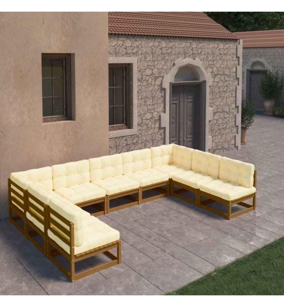 9-tlg. Garten-Lounge-Set Kissen Honigbraun Kiefer Massivholz