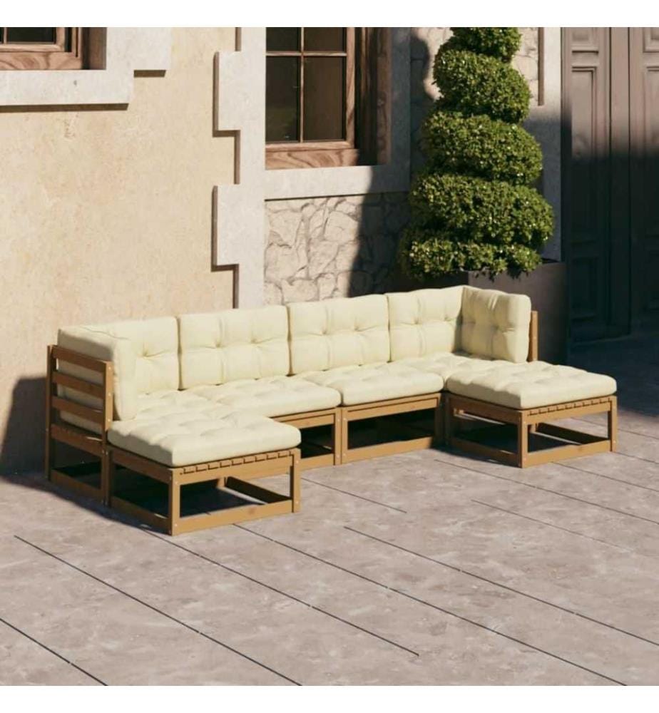 Salon de jardin 6 pcs avec coussins Marron miel Bois de pin