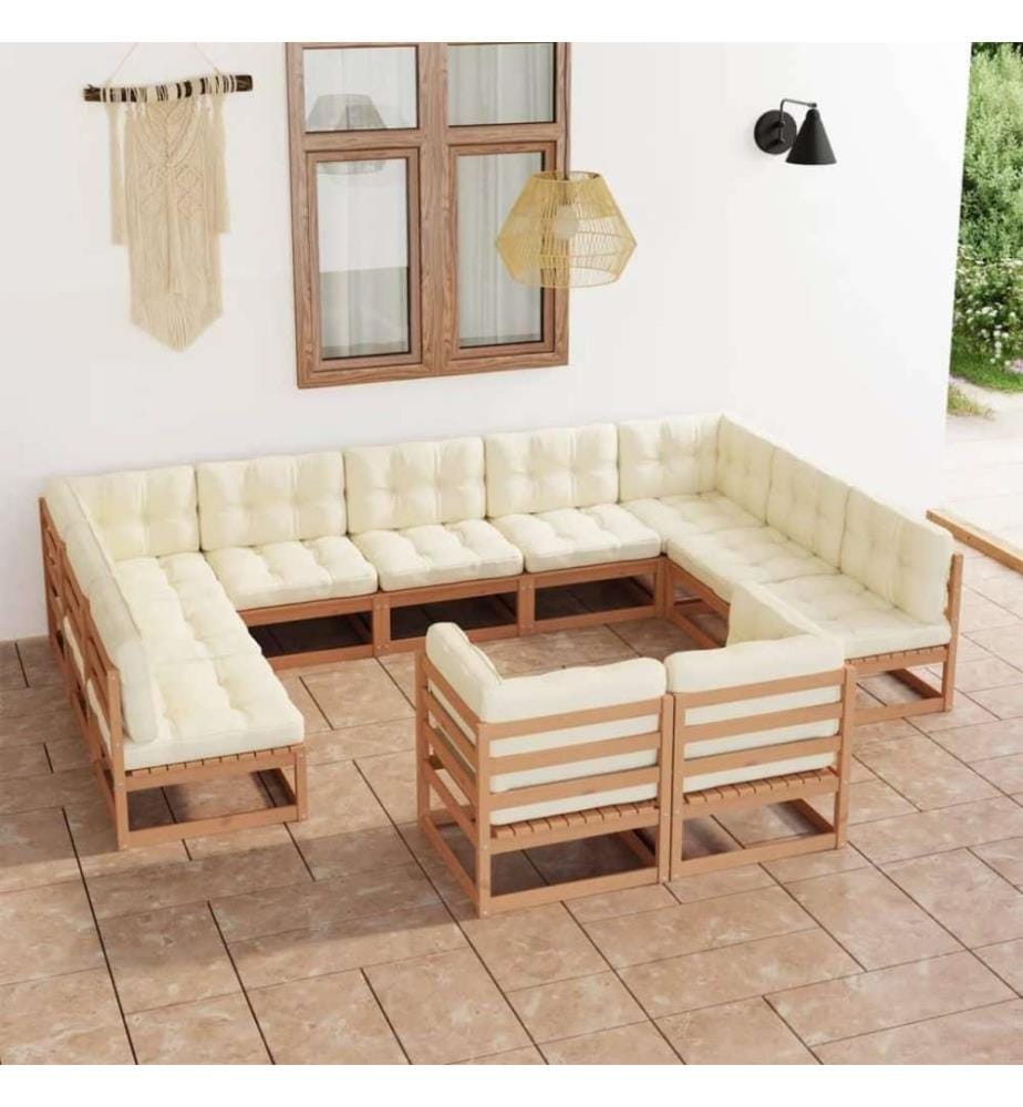 11-tlg. Garten-Lounge-Set Kissen Honigbraun Kiefer Massivholz