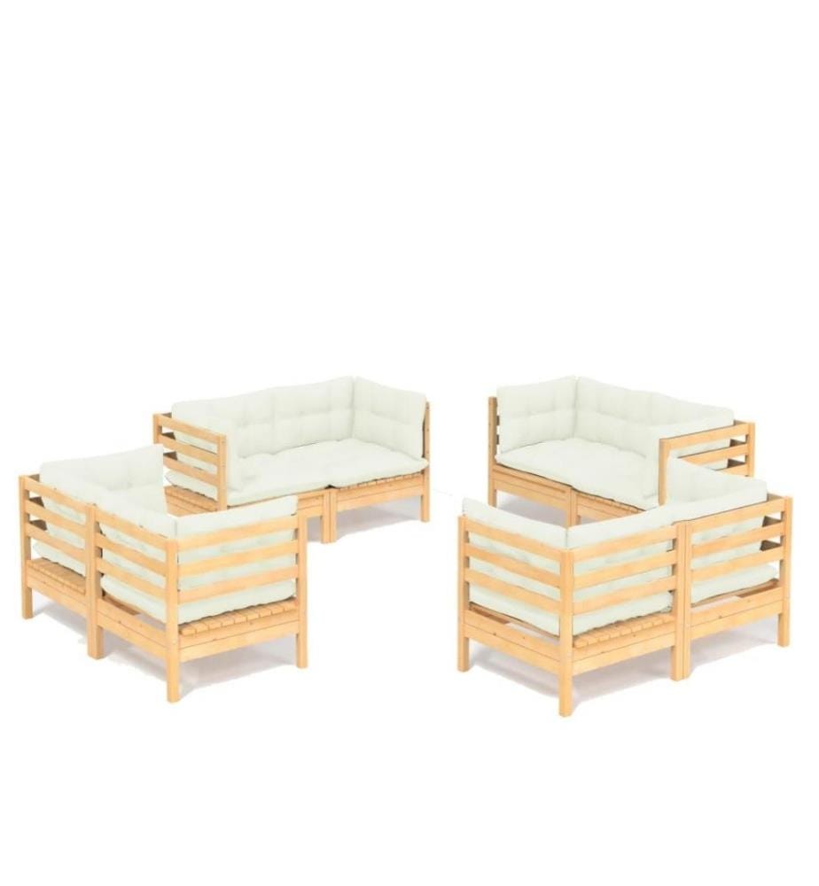 Salon de jardin 8 pcs avec coussins crème Bois de pin