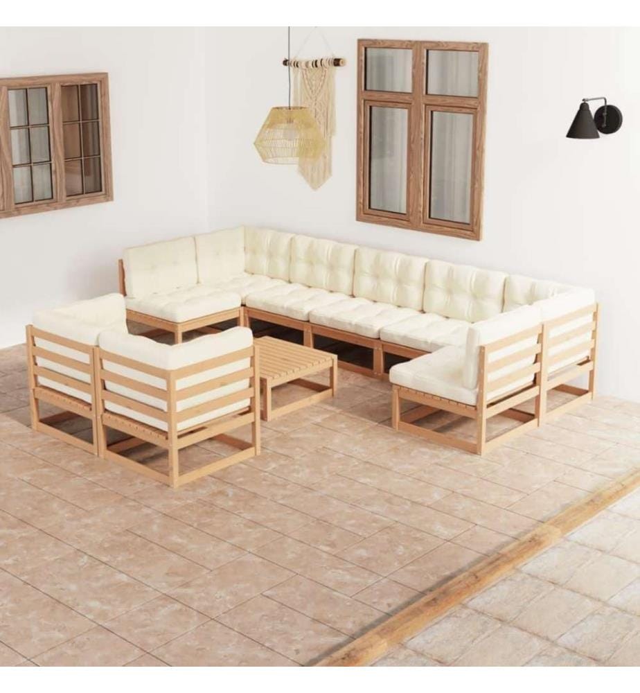 10-tlg. Garten-Lounge-Set Kissen Honigbraun Kiefer Massivholz