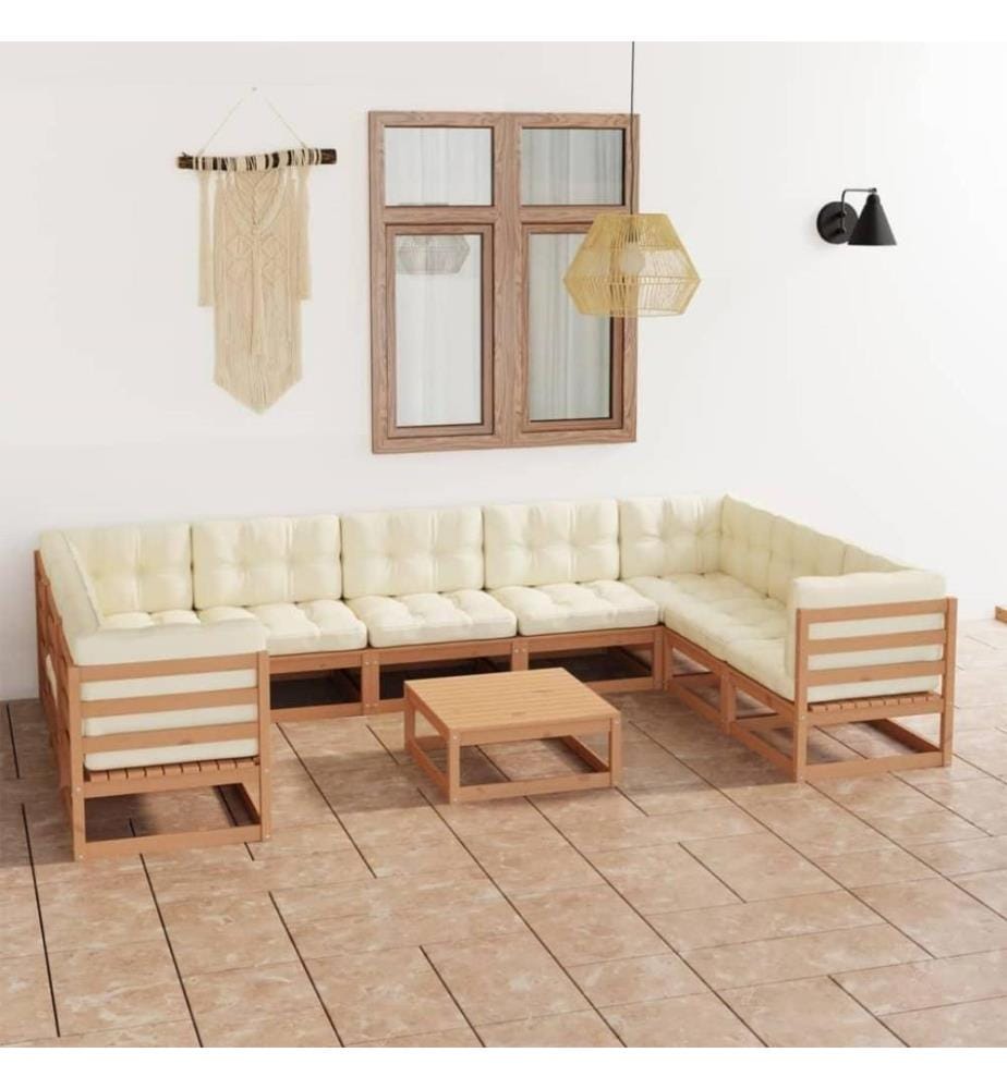 10-tlg. Garten-Lounge-Set Kissen Honigbraun Kiefer Massivholz