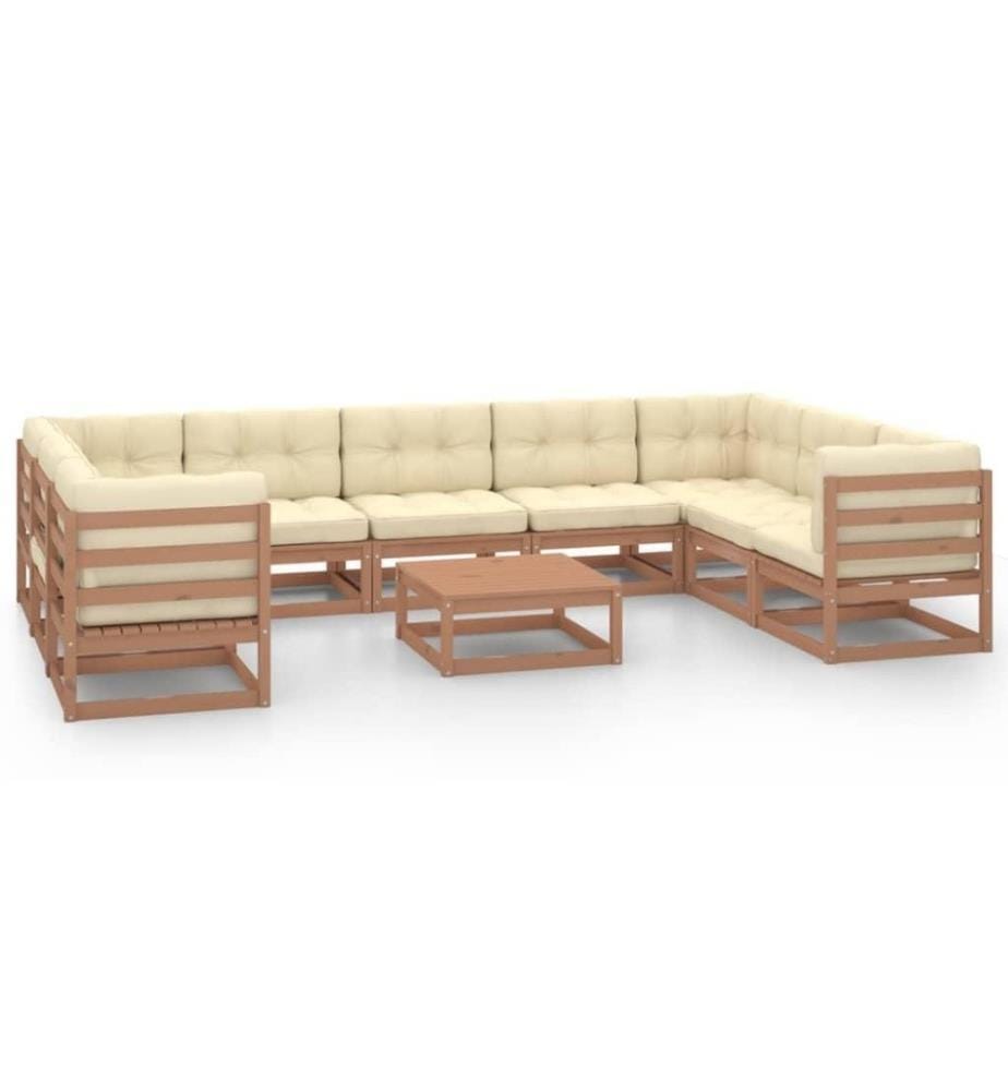 10-tlg. Garten-Lounge-Set Kissen Honigbraun Kiefer Massivholz