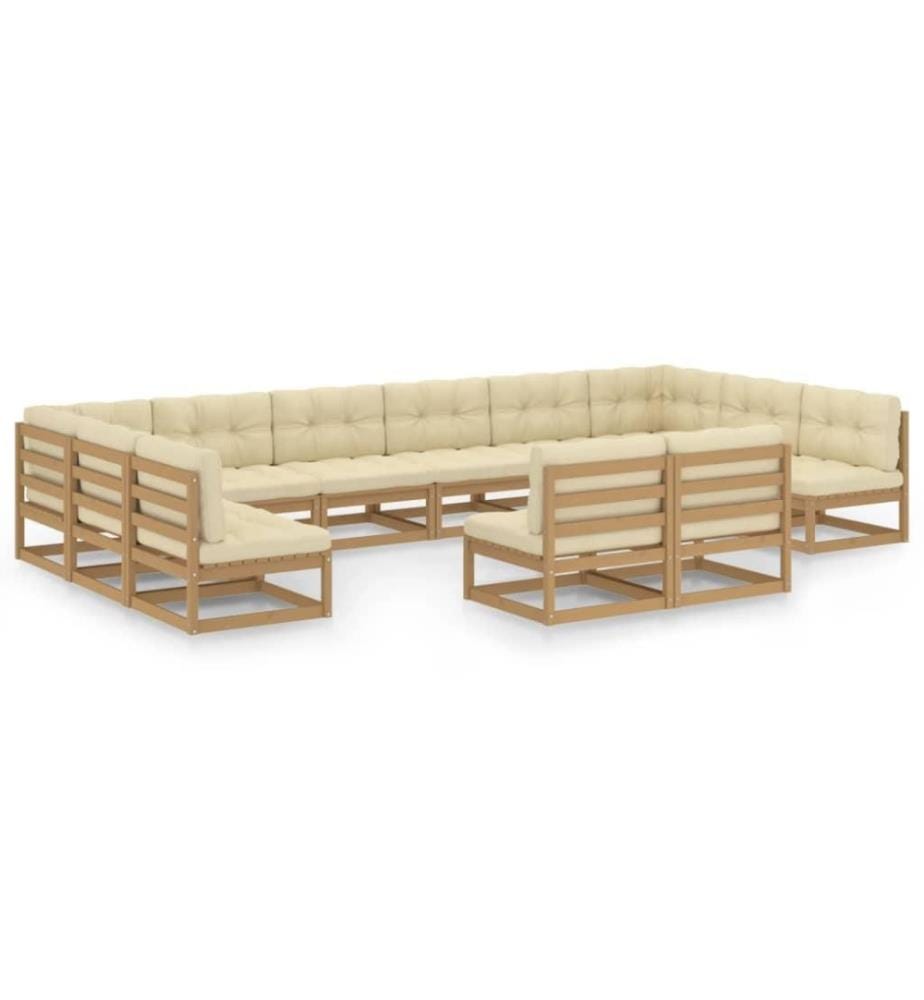 12-tlg. Garten-Lounge-Set Kissen Honigbraun Kiefer Massivholz