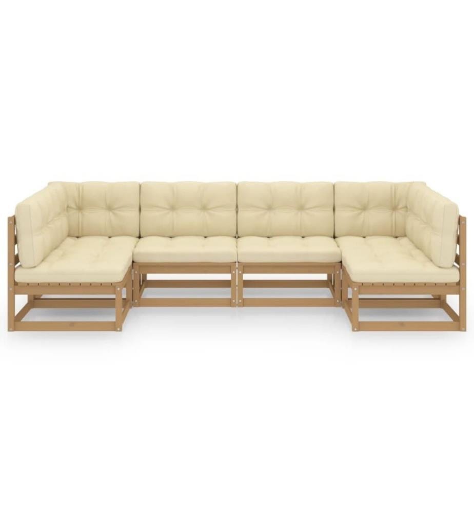 Salon de jardin 6 pcs avec coussins Marron miel Bois de pin
