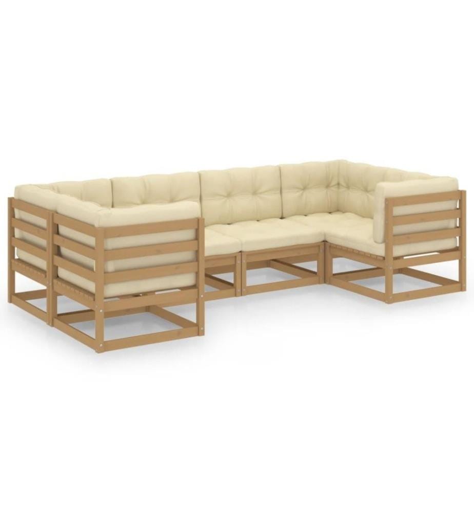 Salon de jardin 6 pcs avec coussins Marron miel Bois de pin