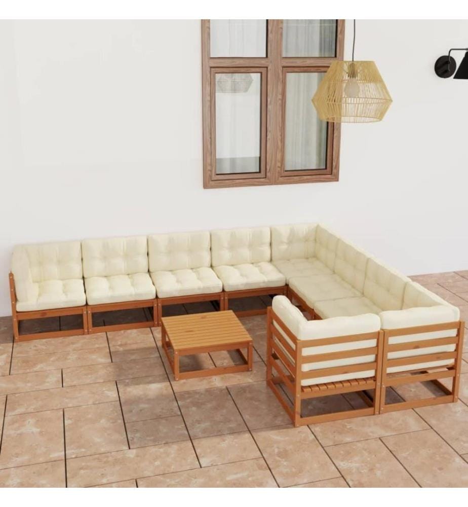 10-tlg. Garten-Lounge-Set Kissen Honigbraun Kiefer Massivholz