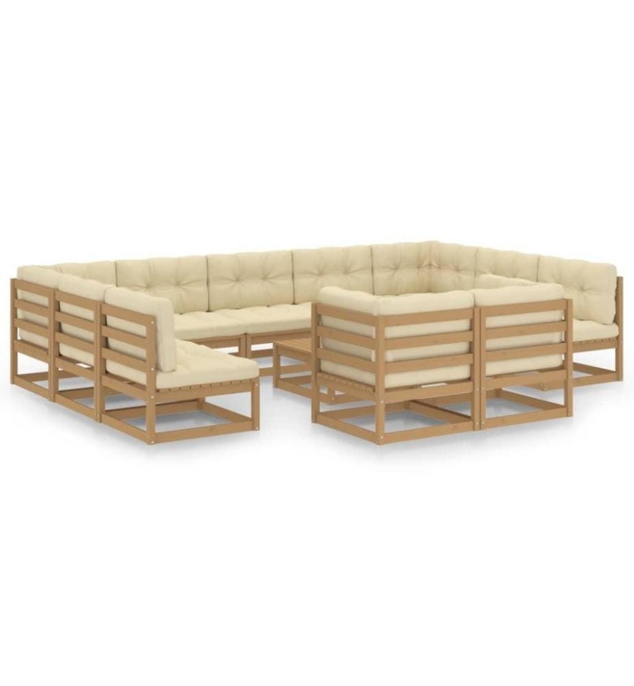 12-tlg. Garten-Lounge-Set Kissen Honigbraun Kiefer Massivholz